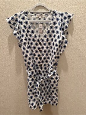 LOFT White Romper with Navy Print and Tie Waist